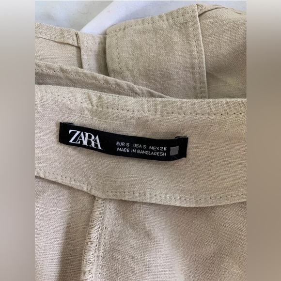 Zara Beige Linen Cotton Dress Size S Smock Oversize Puff Sleeve - Picture 5 of 8